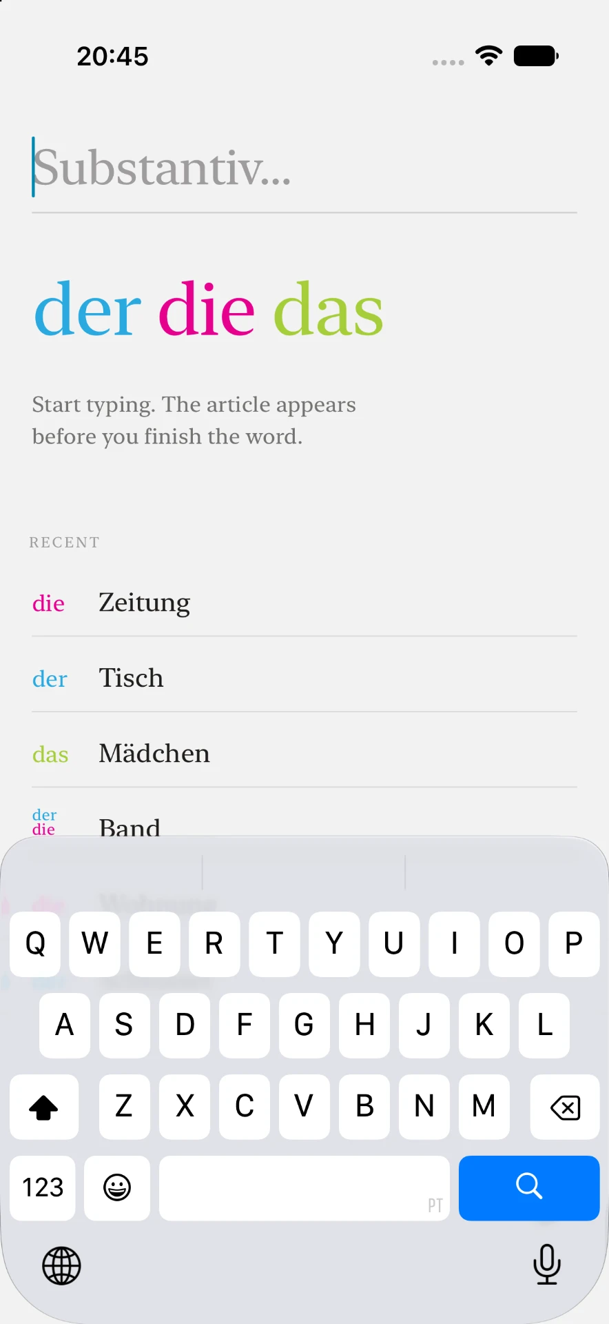 DerDieDas search screen with recent nouns